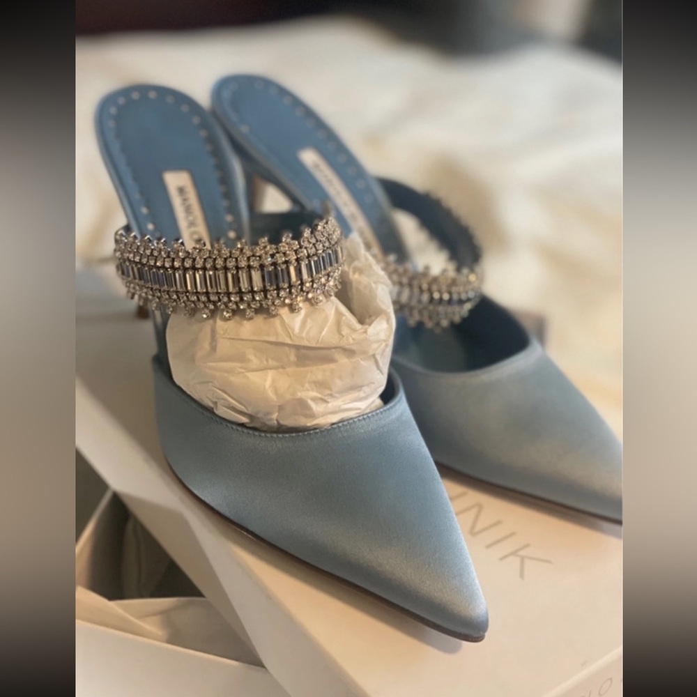 Manolo Blahnik Blue Heels with Silver Embellishments